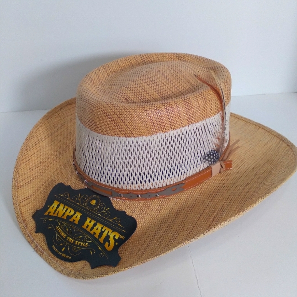 ANPA Handmade Men's Brown/Tan  Leather Band Breathable Panama Style Hat